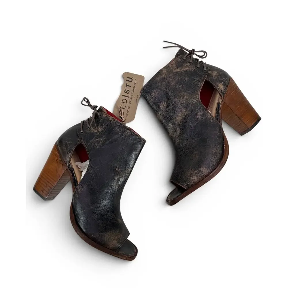 Bed Stu Angelique Peep Toe Bootie Heel Womens 9 Black Lux Distressed Leather